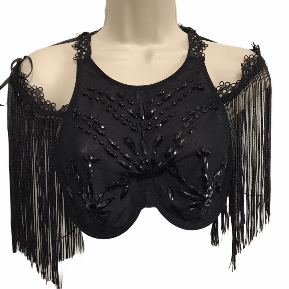 ASOS Black Embellished Mesh Fringe Halter Crop Top Festival Rave